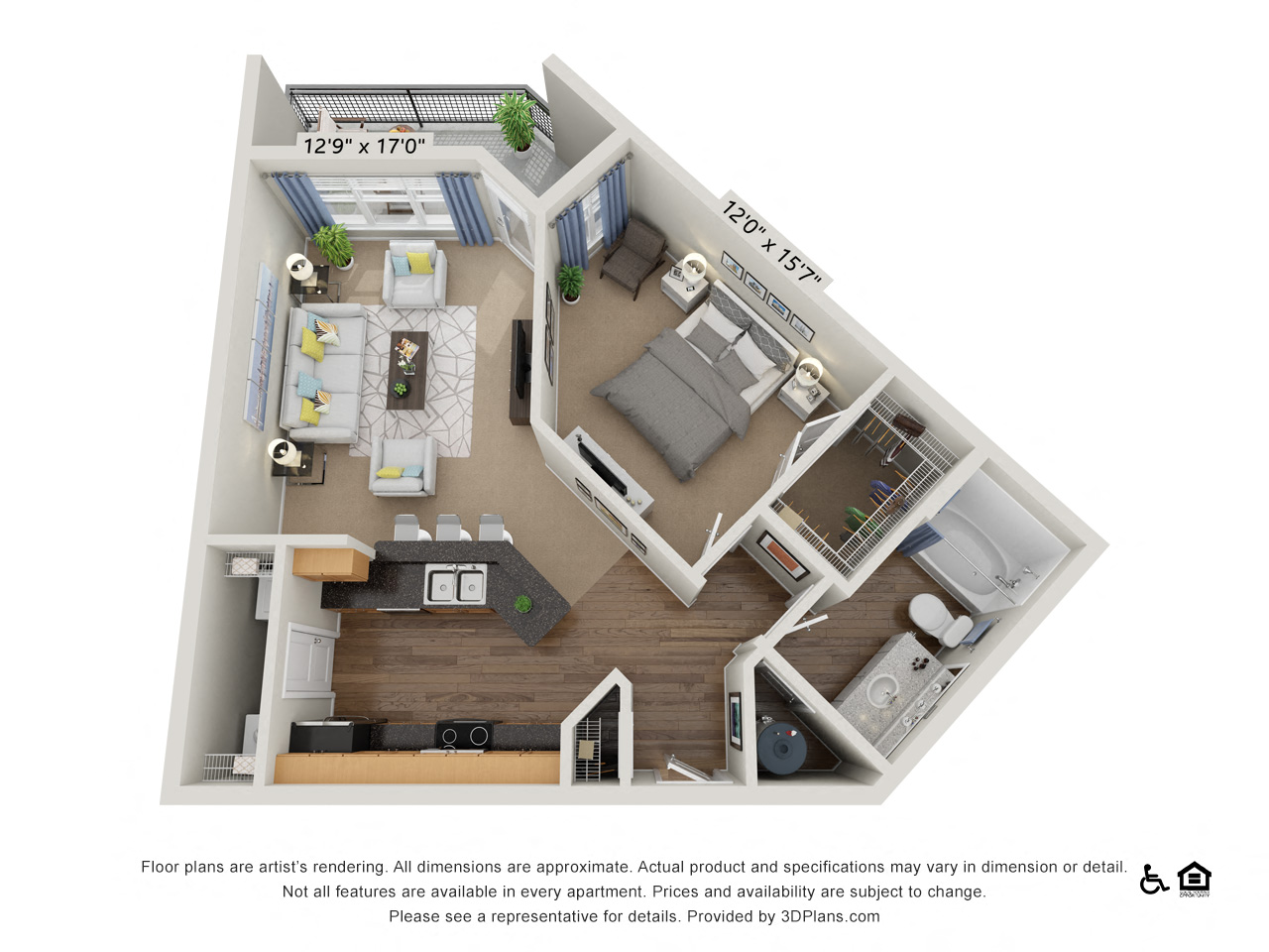 Floor plan for 1 bed, 1 bath, 780 sqft